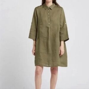 Elena Baldi Linen Dress Large Italy Boho Tunic Shirt dress Olive Green N…
